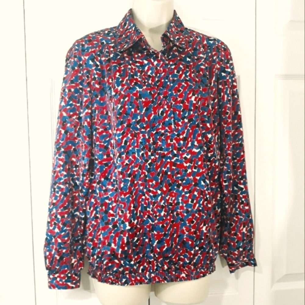 Vintage Top Geometric Print Red Blue Front Buttons Long-Sleeve Size Medium
